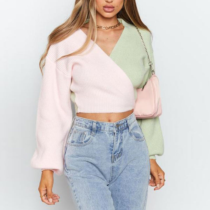 Damen Eleganter V-Ausschnitt Pullover mit farblich abgesetzten Ärmeln und strukturierter Oberfläche Drune