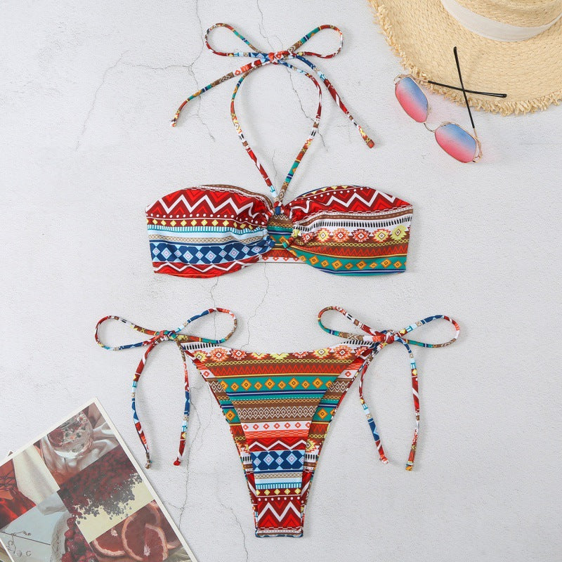 Damen Bandeau-Bikini mit verstellbaren Bindebändern und farbenfrohem Muster Drune