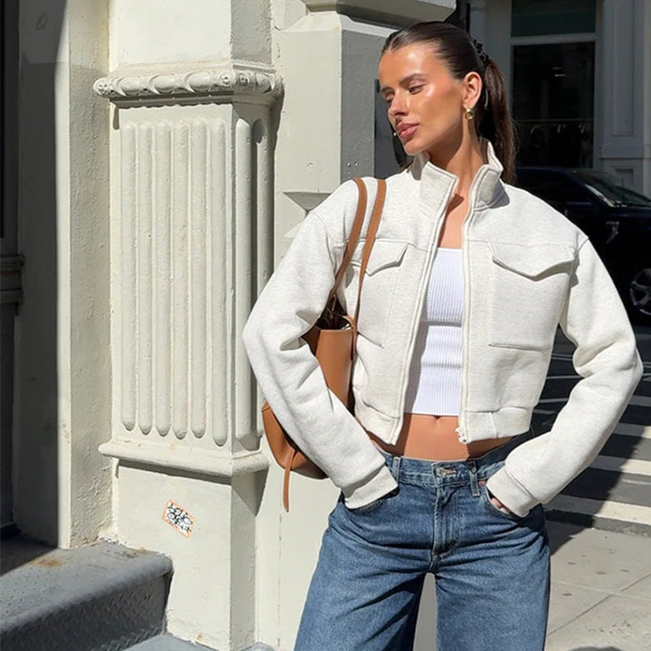 Damen cropped Jacke mit Reißverschluss und Taschen Drune