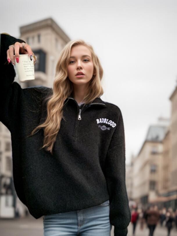 Damen weicher Halbzip-Pullover mit lässiger Passform und eleganter Stickerei Drune