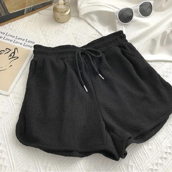 Damen lässige Waffelstruktur-Shorts mit verstellbarem Kordelzug und elastischem Bund