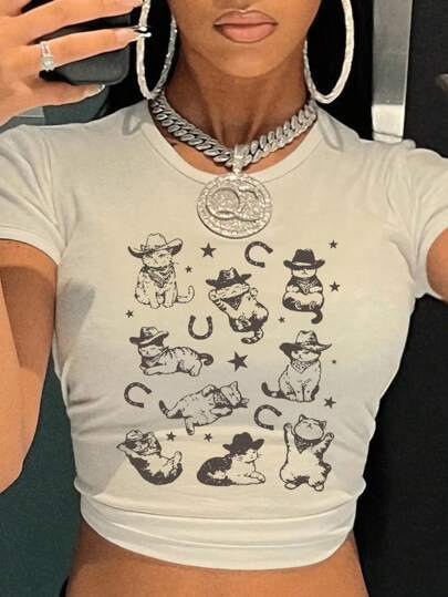Damen Crop-T-Shirt mit verspieltem Katzenmotiv und Cowboy-Design Drune