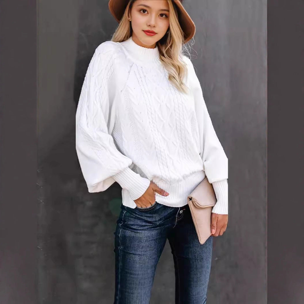 Damen Strickpullover mit hohem Kragen und volumetrischen Ärmeln Drune