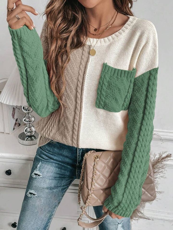Damen Gemusterter Strickpullover mit bunten Kontrastärmel und Taschen Drune
