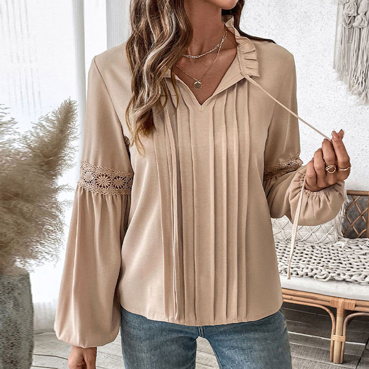 Damen elegante Longbluse mit feinen Falten und Spitzenakzenten Drune