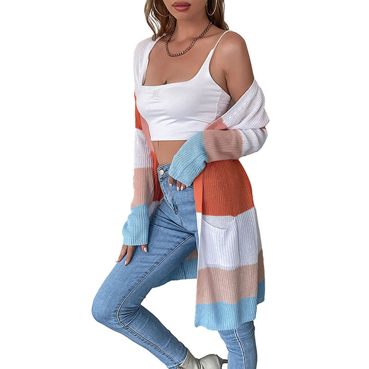 Damen lässiger gestrickter Cardigan mit blockierendem Farbdesign und tiefen Taschen Drune