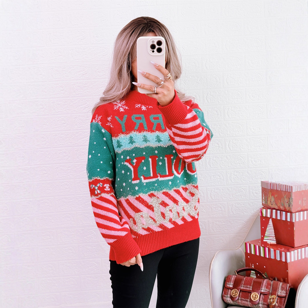 Damen festlicher Strickpullover mit kreativem Weihnachtsdesign Drune