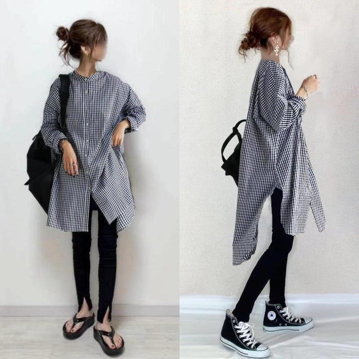 Damen Karobluse mit asymmetrischem Schnitt und modernen Details Drune