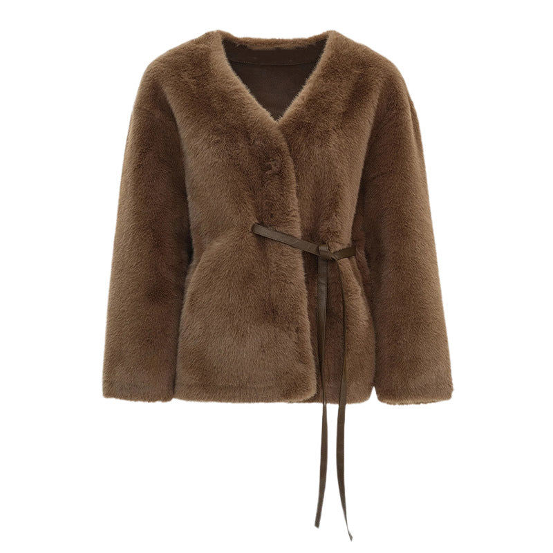 Damen Kuschelige Kunstfelljacke mit Gürtel Drune
