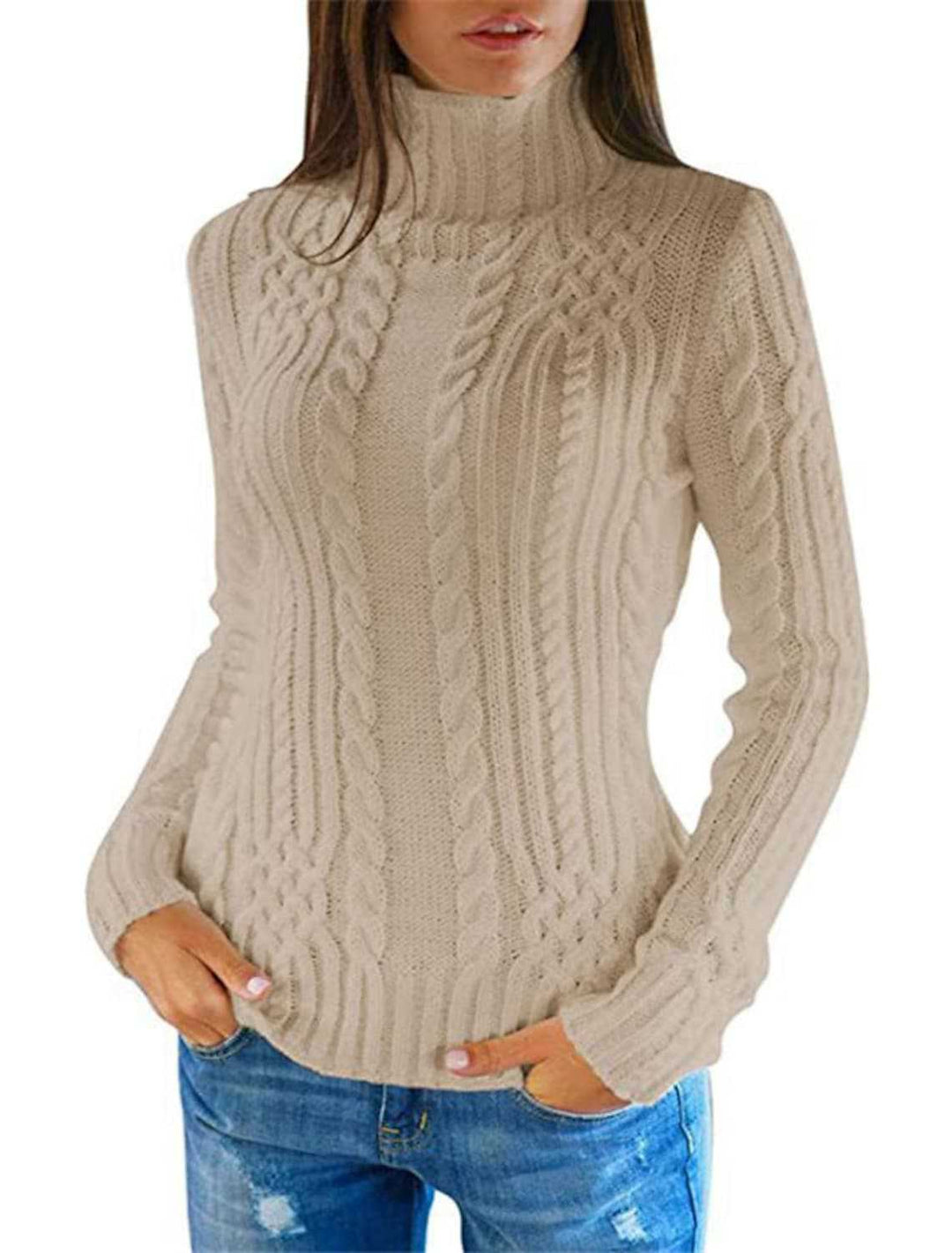 Damen Hochwertiger Strickpullover mit Stehkragen und Zopfmuster Drune