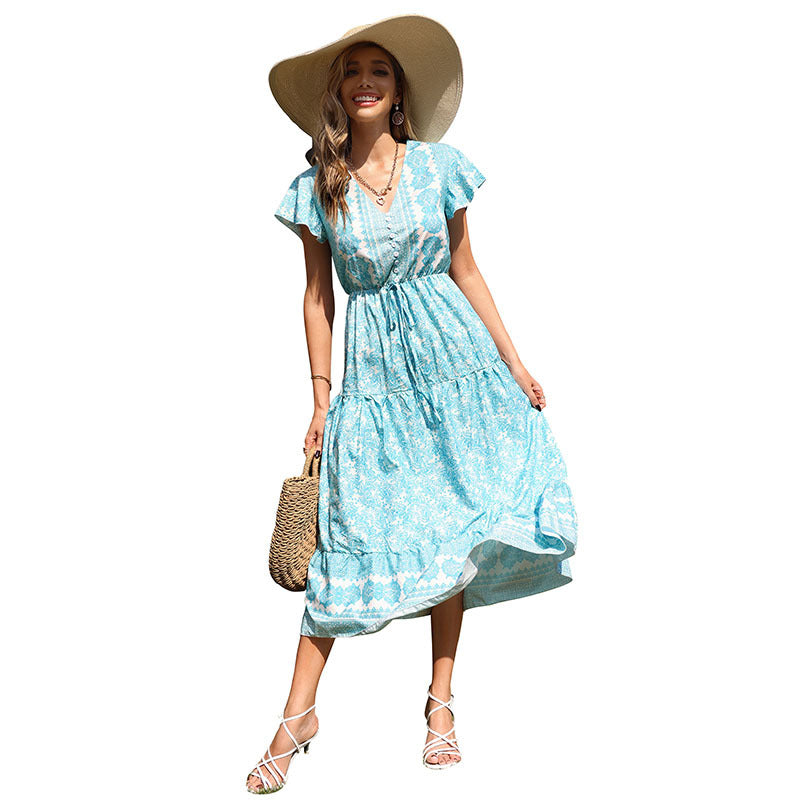 Damen sommerliches Maxikleid mit floralem Schnitt und Rüschendetails Drune
