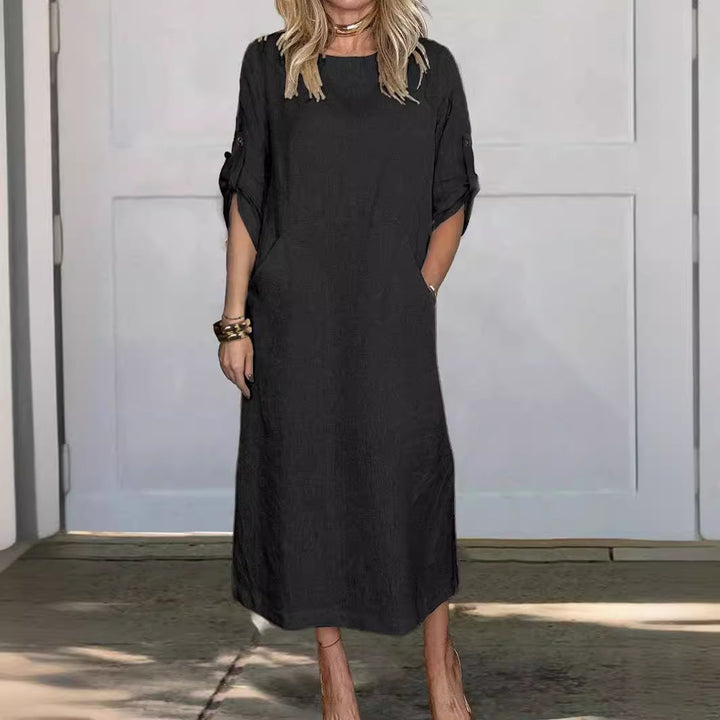 Damen Lässiges Leinen-Midikleid mit Seitentaschen und umschlagbaren Ärmeln Drune