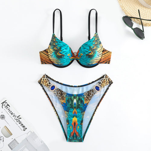 Damen Triangel-Bikini-Set mit glamourösen Verzierungen und exotischem Print Drune