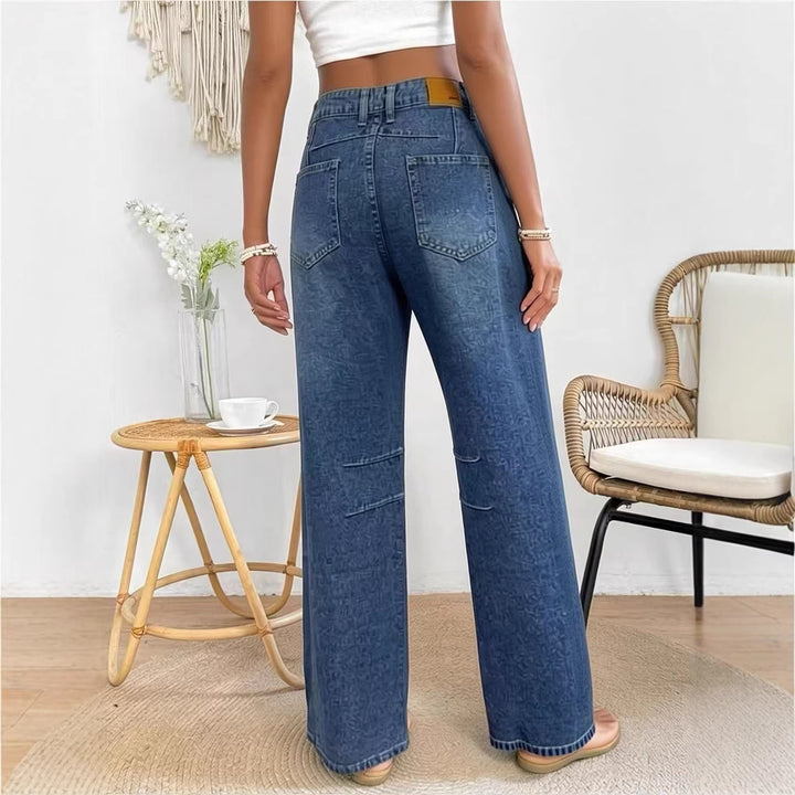 Damen nan High-Waist weite Denim-Hose mit ausgestelltem Bein und tonalen Knie-Abnähern Drune