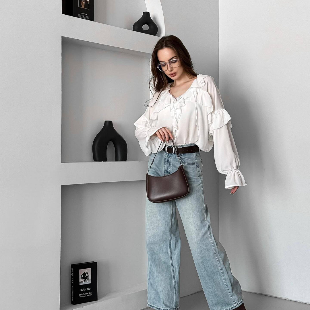 Damen Bluse mit verspieltem Volant und Bindegürtel Drune