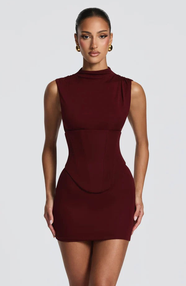 Damen Enganliegendes Stretch-Minikleid mit hohem Kragen Drune