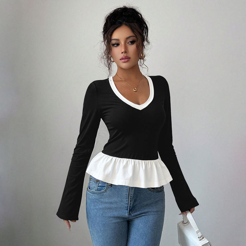 Damen Langarmshirt mit Rüschensaum und tiefem V-Ausschnitt Drune