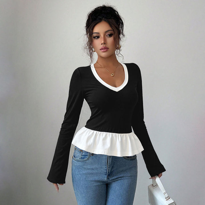 Damen Langarmshirt mit Rüschensaum und tiefem V-Ausschnitt Drune