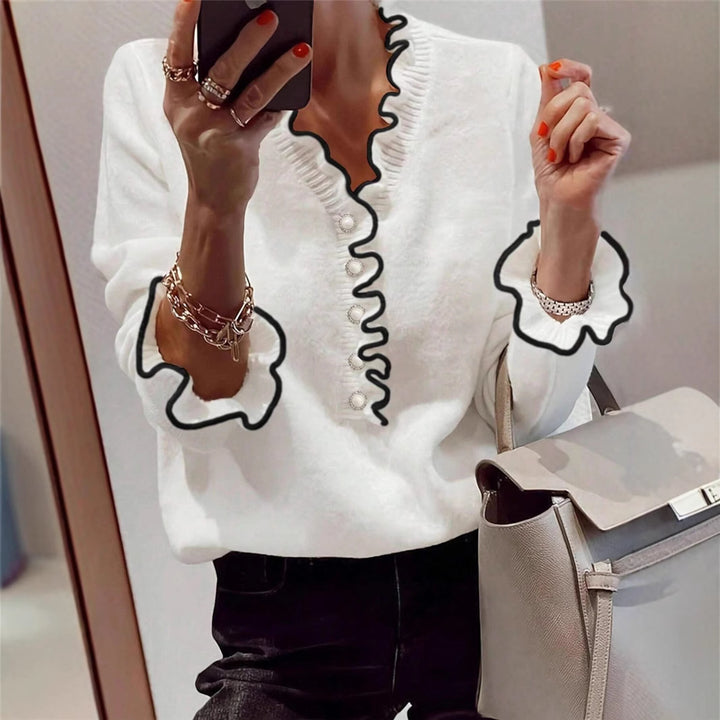 Damen Elegantes Sweatshirt mit Rüschendetails und Perlenknöpfen Drune