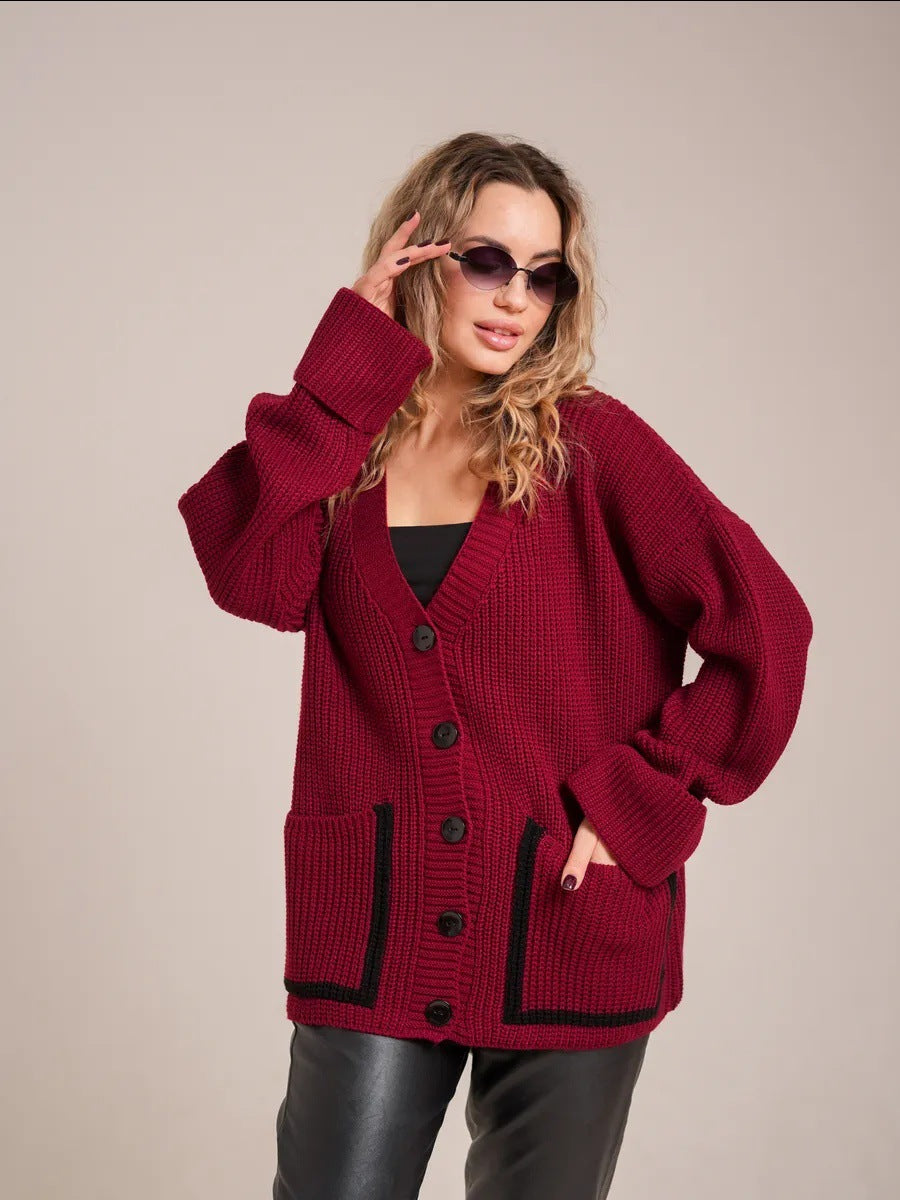 Damen Grobstrickjacke mit großen Taschen und dekorativem Knopf Drune