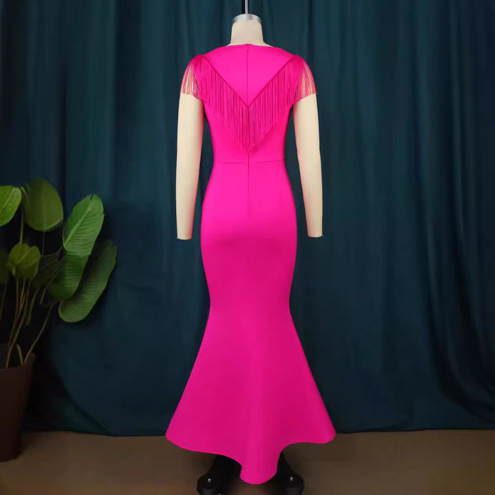 Damen figurbetontes Abendkleid mit Fransen und tiefem V-Ausschnitt Drune