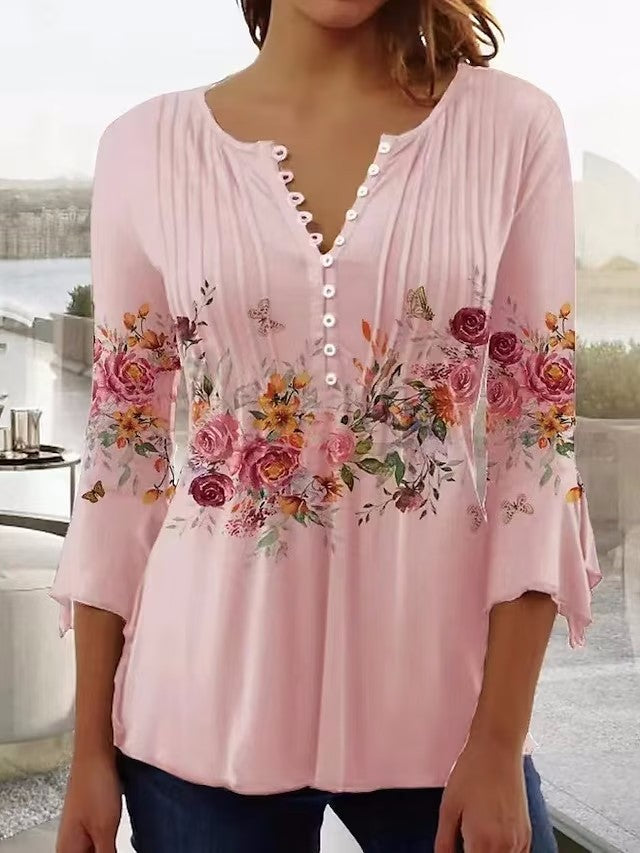 Damen Bluse mit floralem Print und Knopfdetail Drune