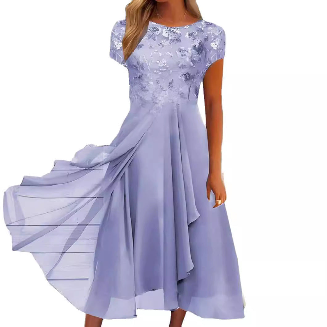 Damen nan elegantes Chiffon-Midikleid mit floraler Spitzenapplikation und fließendem Tellerrock Drune