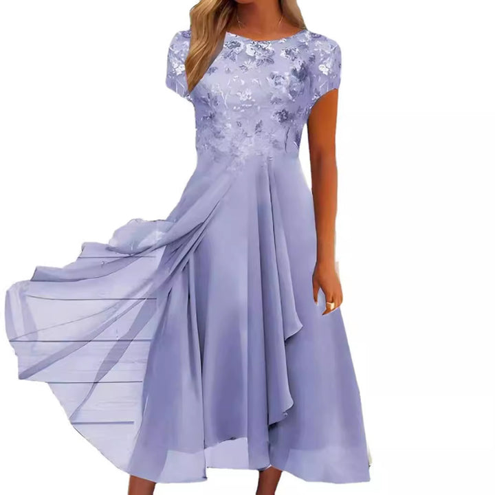 Damen nan elegantes Chiffon-Midikleid mit floraler Spitzenapplikation und fließendem Tellerrock Drune