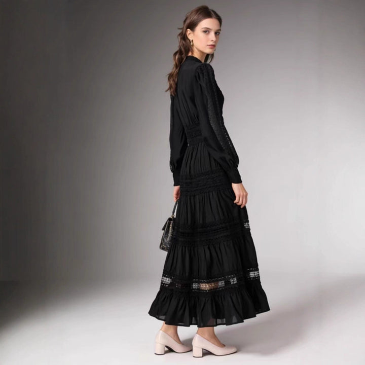 Damen romantisches Maxikleid mit transparenten Einsätzen und Rüschendetails Drune