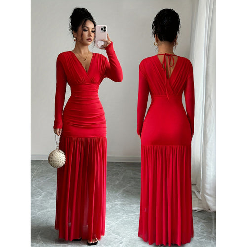 Damen Elegantes und figurbetontes Maxi-Kleid mit V-Ausschnitt und langen Ärmeln Drune