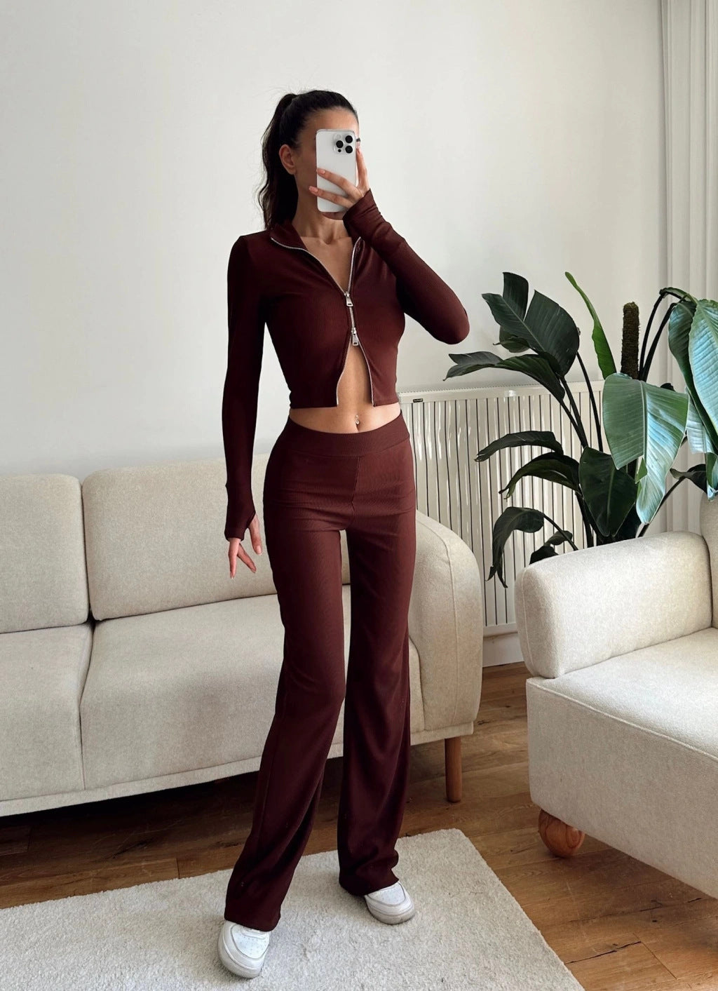 Damen cropped Zip-Top und weite Hose Set Drune
