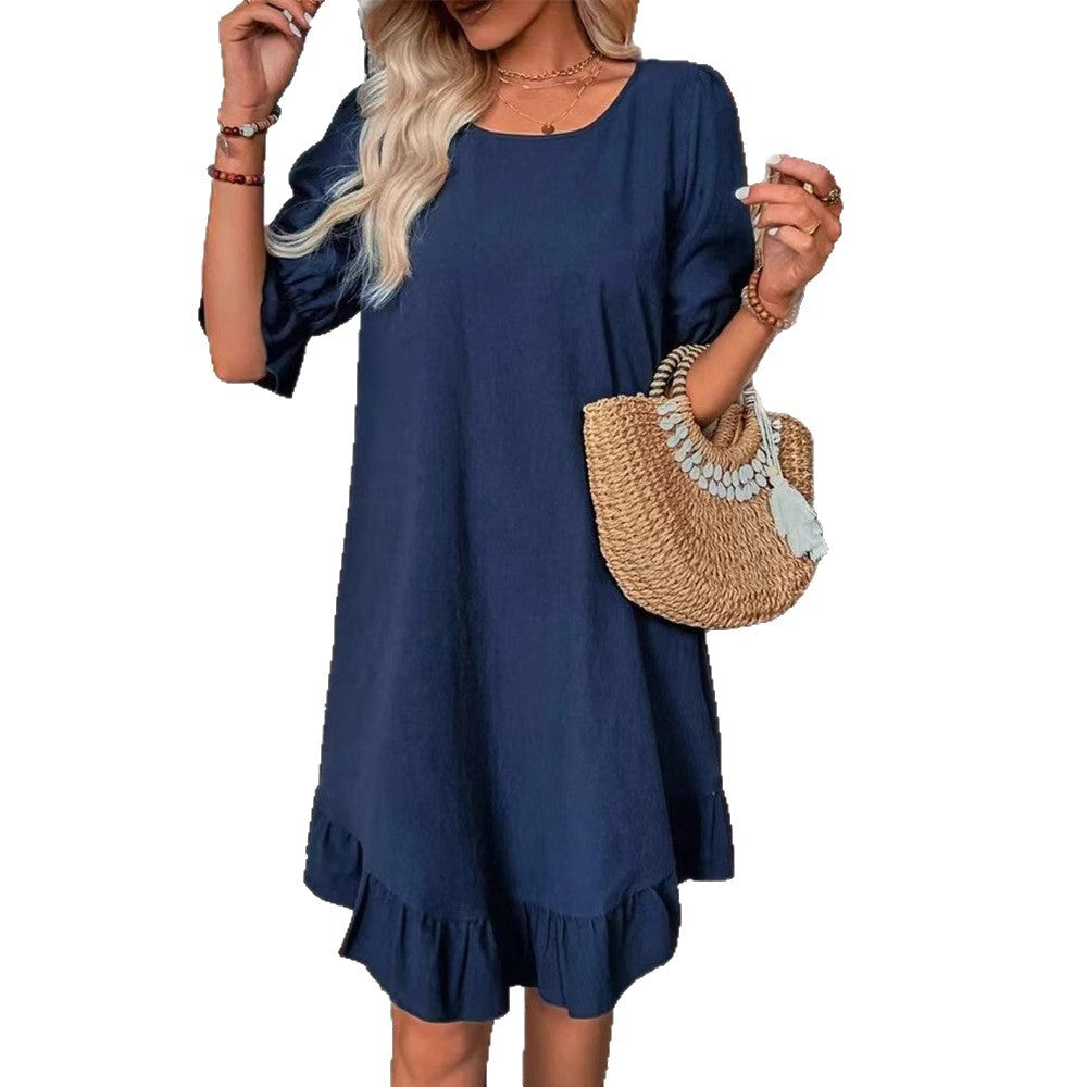 Damen nan luftiges A-Linien-Sommerkleid mit Volantbesatz und ellbogenlangen Ärmeln Drune