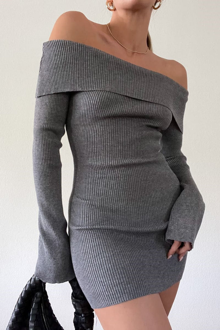 Damen figurbetontes, off-shoulder Strickkleid mit langen Ärmeln Drune
