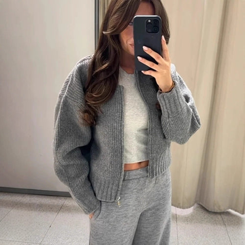 Damen moderne Strickjacke mit voluminösen Ärmeln und Reißverschluss Drune