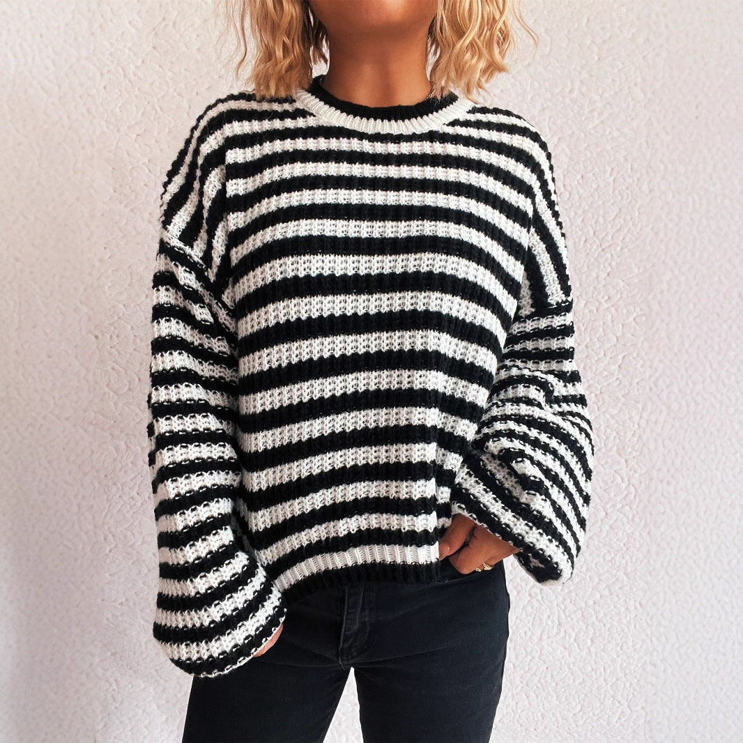 Damen lässiger Strickpullover mit breiten Streifen Drune