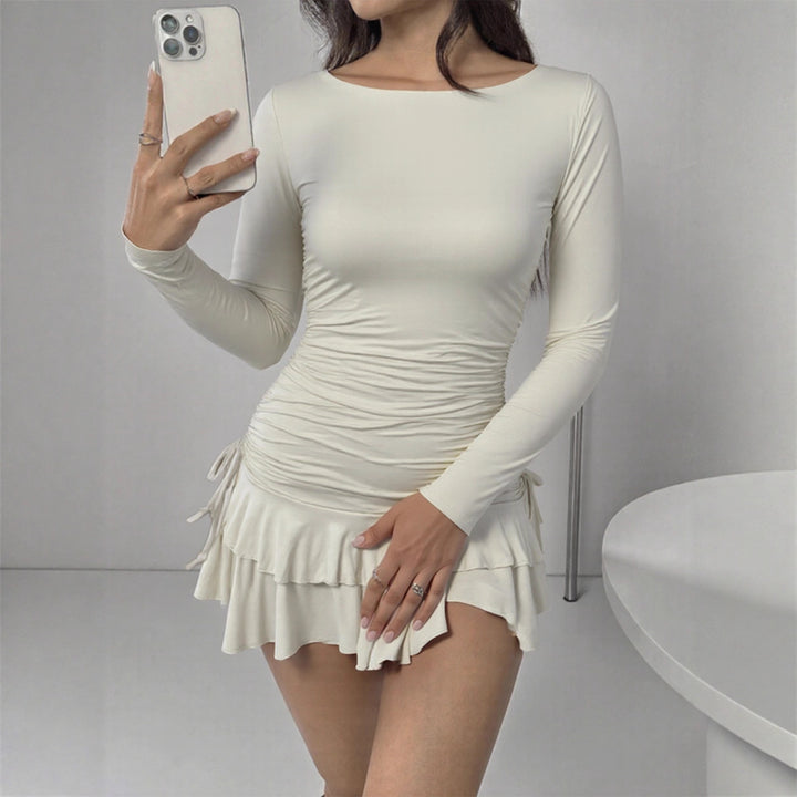Damen Figurbetontes Minikleid mit Rüschendetails und seitlichen Bindebändern Drune
