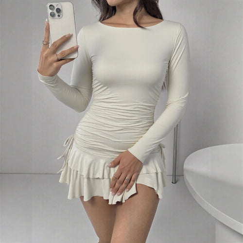 Damen Figurbetontes Minikleid mit Rüschendetails und seitlichen Bindebändern Drune