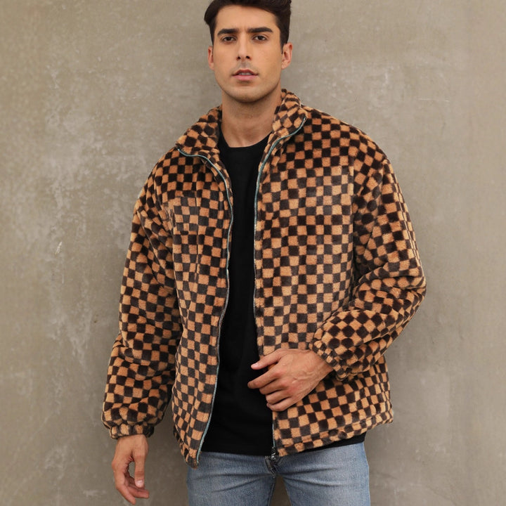 Herren Plüschjacke mit Karo-Muster und hohem Kragen Drune