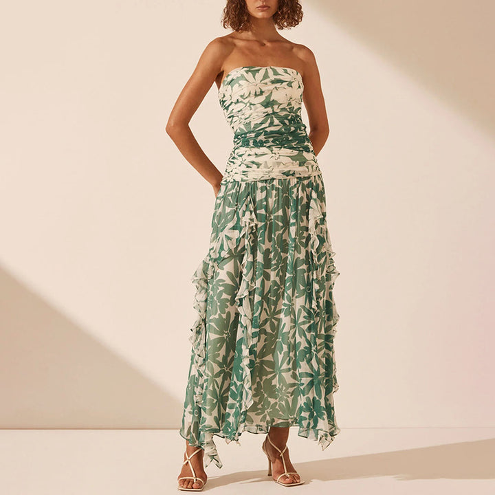 Damen schulterfreies Maxikleid mit Rüschendetails und floralem Muster Drune