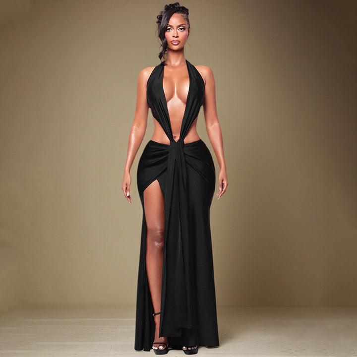 Damen Cut-Out Maxikleid mit tiefem V-Ausschnitt und drapiertem Design Drune