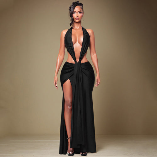 Damen Cut-Out Maxikleid mit tiefem V-Ausschnitt und drapiertem Design Drune