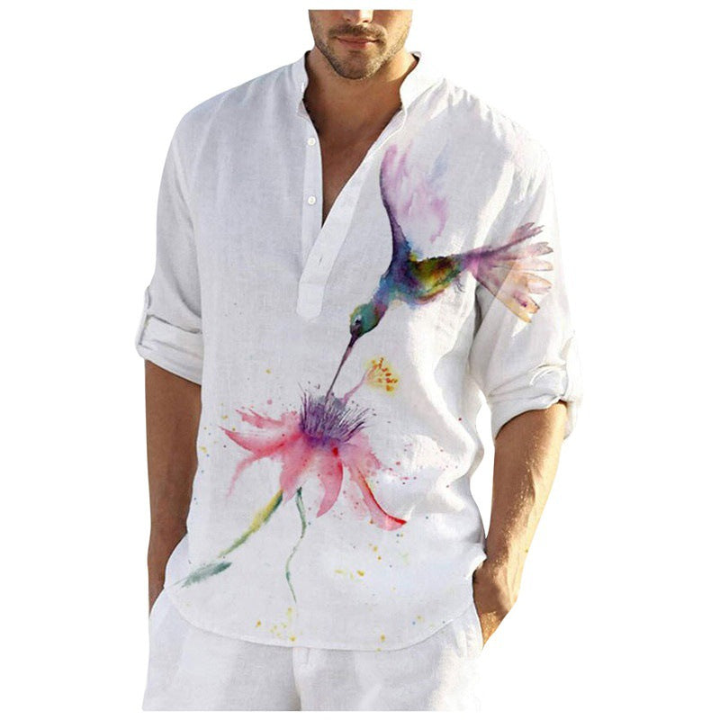 Herren Leinenhemd mit einzigartigem Federdesign und modischem Henley-Ausschnitt Drune