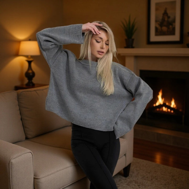 Damen cropped Strickpullover mit voluminösen Ärmeln und Rundhalsausschnitt Drune