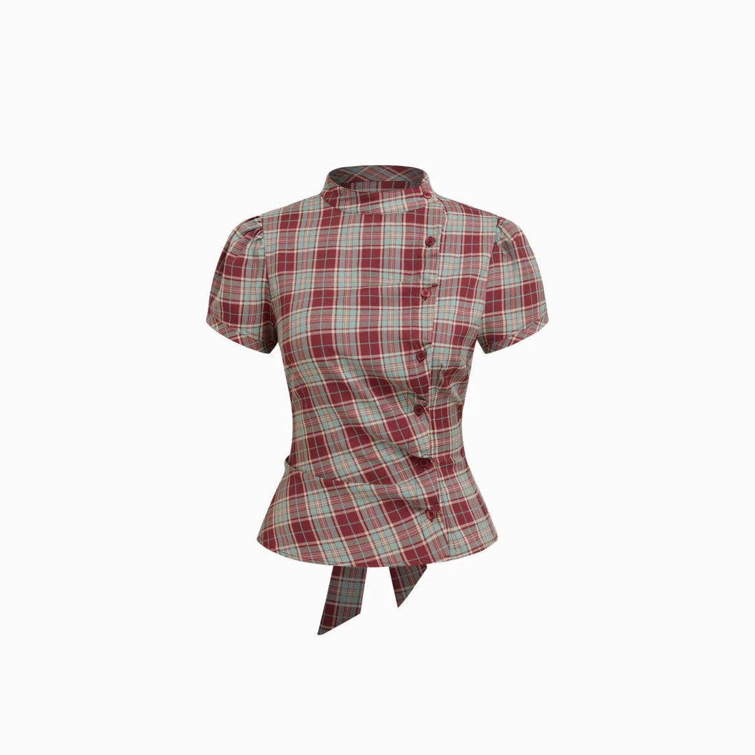 Damen Karierte Bluse mit hoher Taille und Puffärmeln Drune