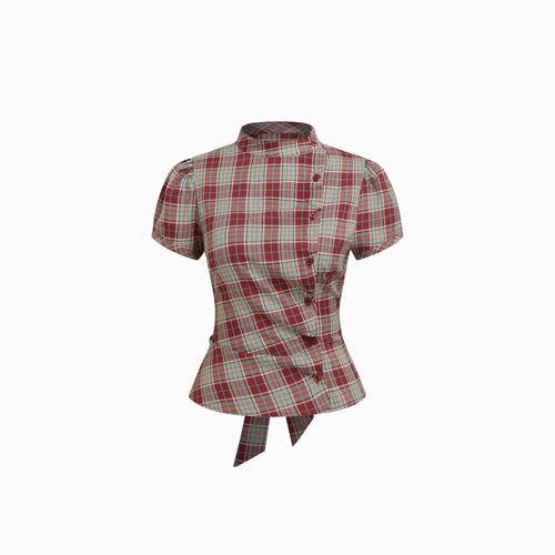 Damen Karierte Bluse mit hoher Taille und Puffärmeln Drune