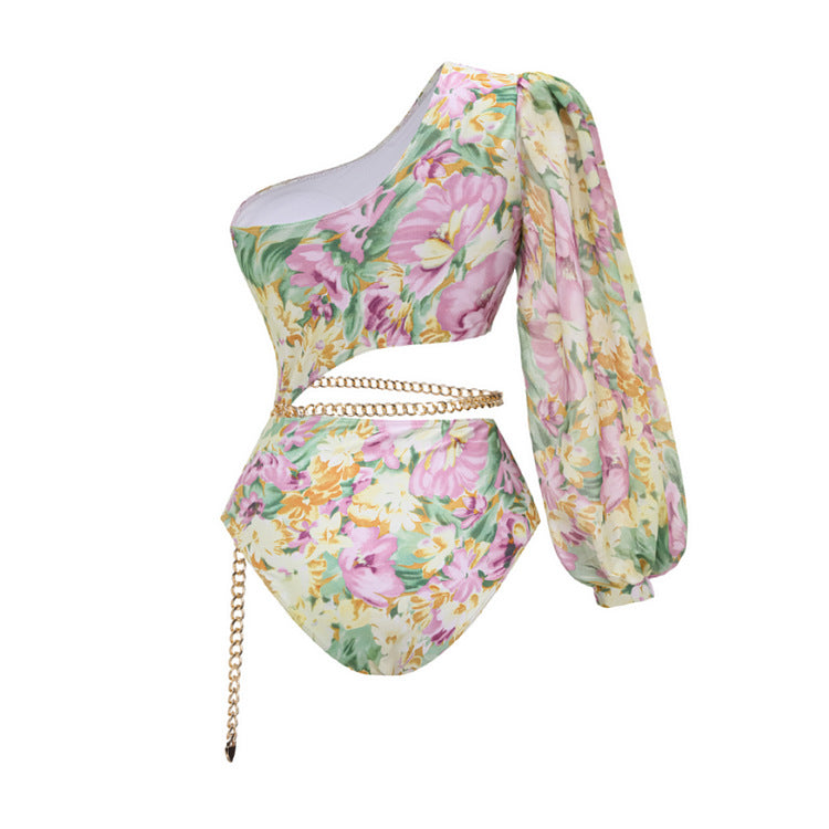 Damen Einseitiger Badeanzug mit floralen Mustern und glamouröse Kette Drune
