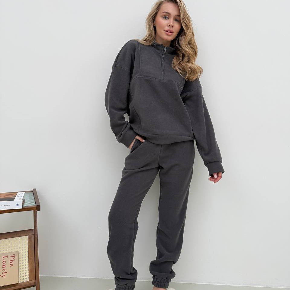 Damen kuscheliges Fleece-Loungewear-Set mit halblangem Reißverschluss und elastischen Bündchen Drune
