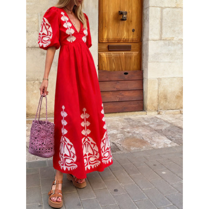 Damen Midikleid mit luftigen Puffärmeln und floralem Stickdesign Drune