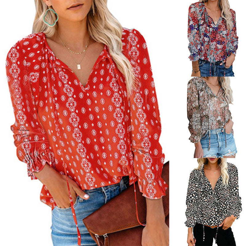 Damen Bluse mit raffiniertem Leopardenmuster und modischem V-Ausschnitt Drune