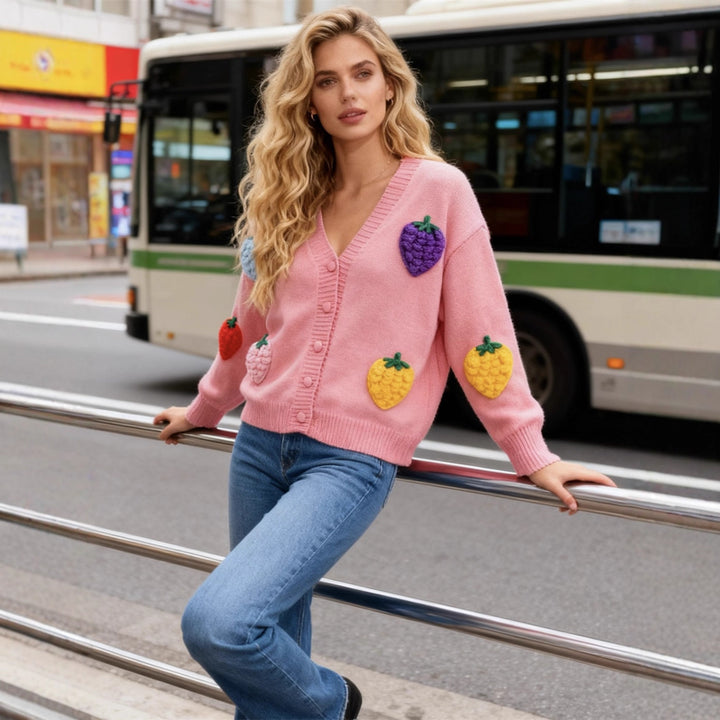 Damen lässige Strickjacke mit buntem Fruchtmotiv Drune